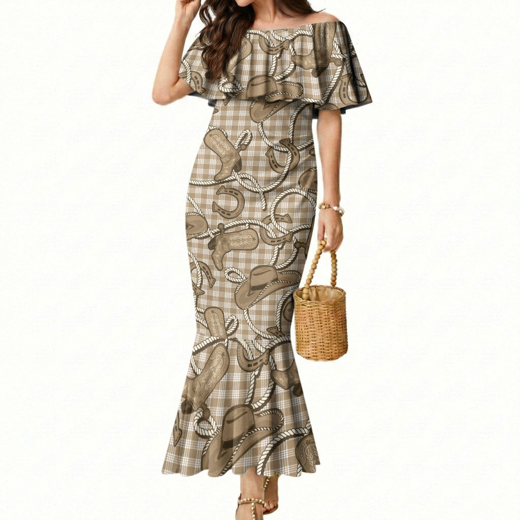 Beige Hawaii Palaka Cowboy Mermaid Dress Hawaiian Paniolo Festival Spirit
