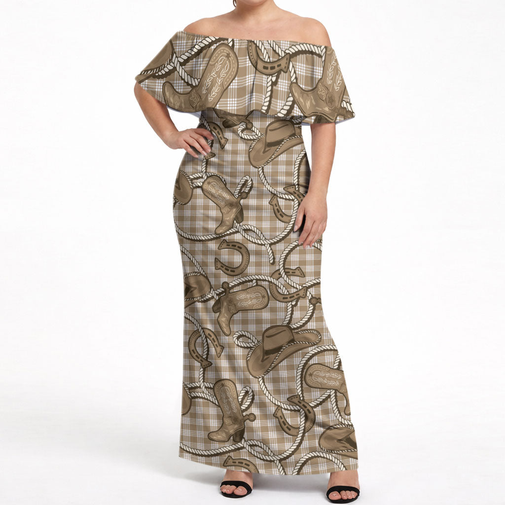 Beige Hawaii Palaka Cowboy Off Shoulder Maxi Dress Hawaiian Paniolo Festival Spirit LT19 Women Beige - Polynesian Pride