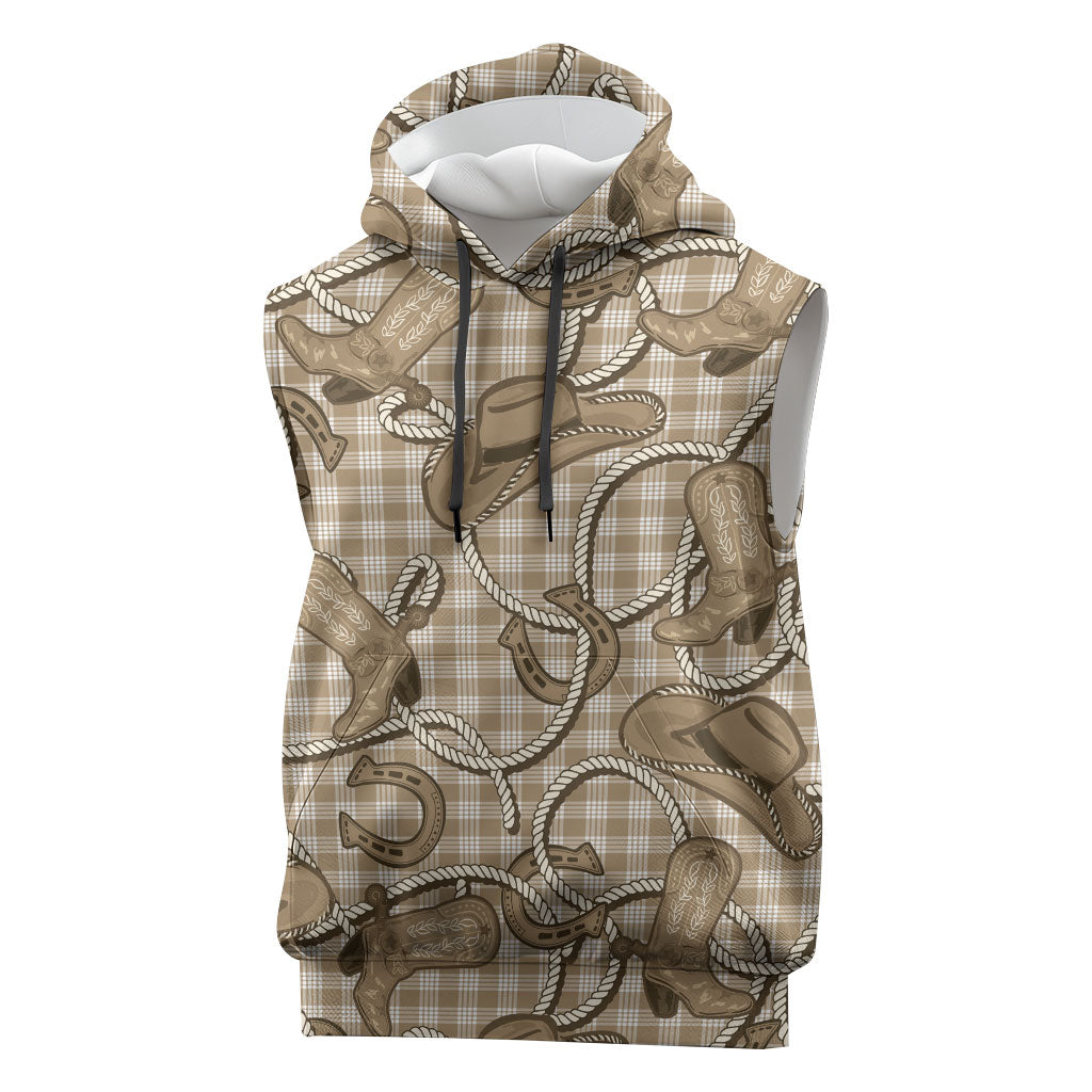 Beige Hawaii Palaka Cowboy Sleeveless Hoodie Hawaiian Paniolo Festival Spirit
