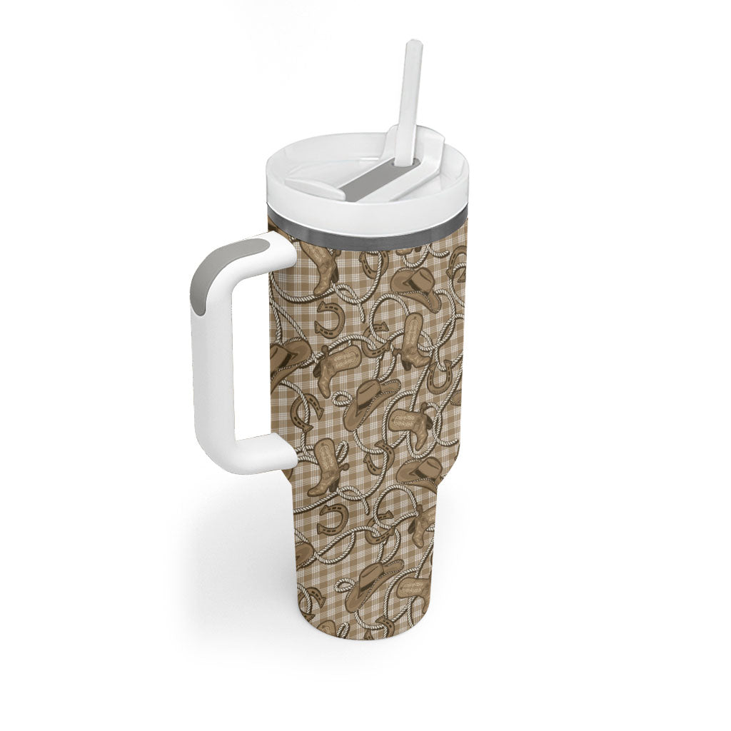 Beige Hawaii Palaka Cowboy Tumbler With Handle Hawaiian Paniolo Festival Spirit LT19 - Polynesian Pride
