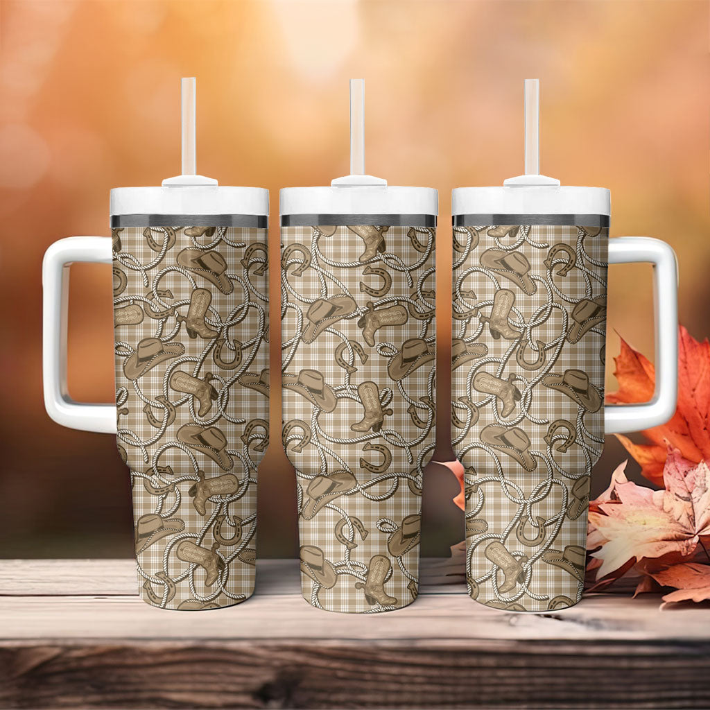 Beige Hawaii Palaka Cowboy Tumbler With Handle Hawaiian Paniolo Festival Spirit LT19 - Polynesian Pride
