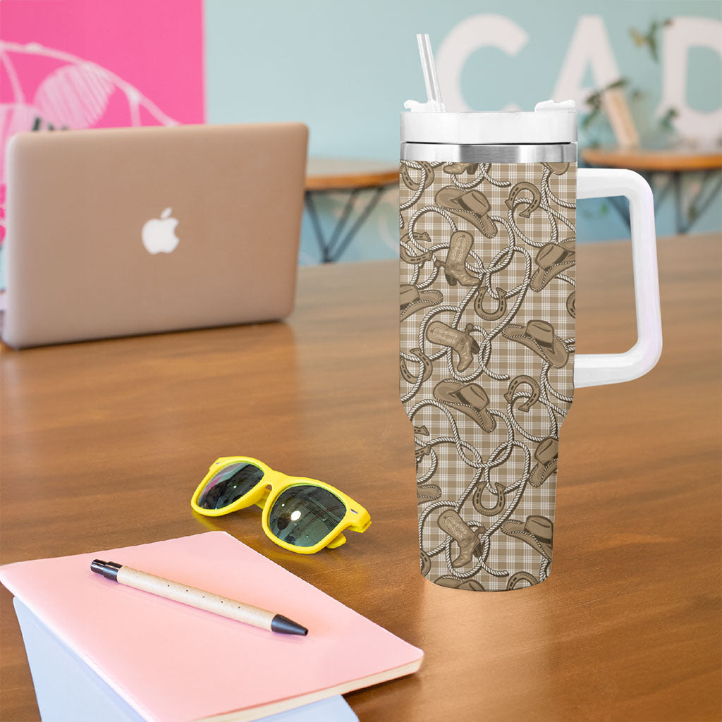 Beige Hawaii Palaka Cowboy Tumbler With Handle Hawaiian Paniolo Festival Spirit LT19 - Polynesian Pride