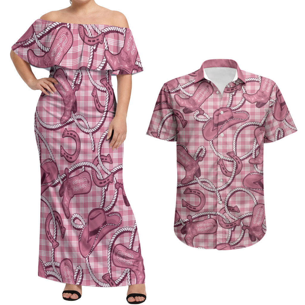 Pink Hawaii Palaka Cowboy Couples Matching Off Shoulder Maxi Dress and Hawaiian Shirt Hawaiian Paniolo Festival Spirit LT19 Pink - Polynesian Pride