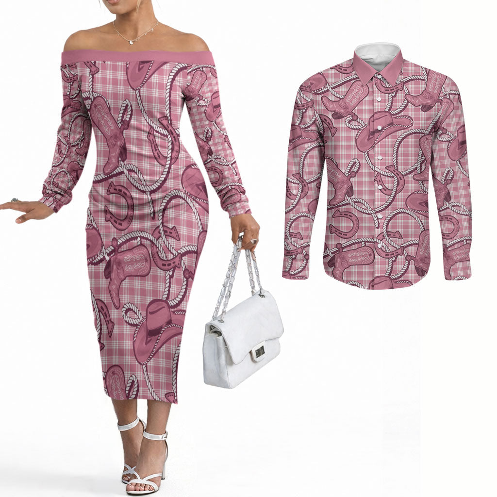 Pink Hawaii Palaka Cowboy Couples Matching Off The Shoulder Long Sleeve Dress and Long Sleeve Button Shirt Hawaiian Paniolo Festival Spirit LT19 Pink - Polynesian Pride