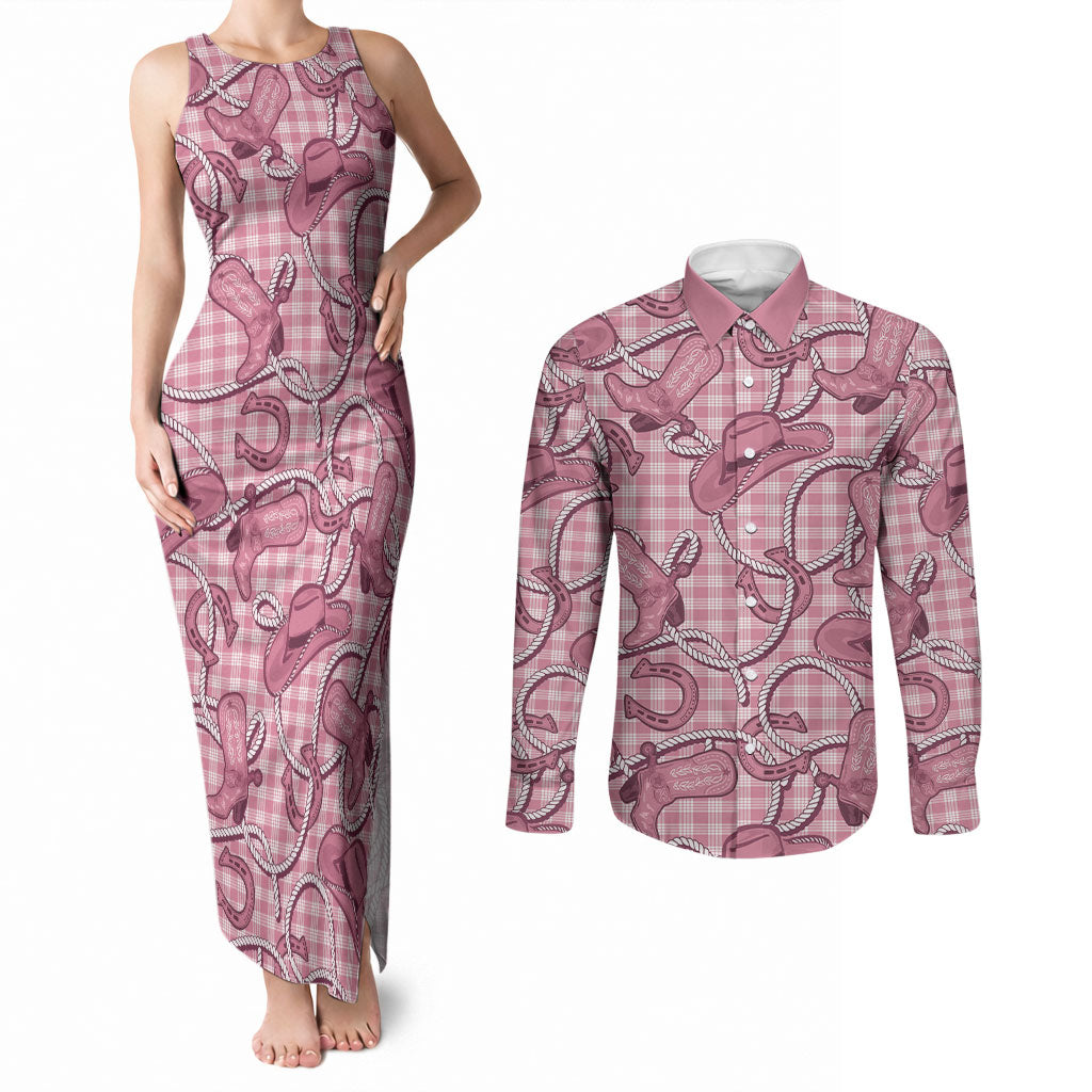 Pink Hawaii Palaka Cowboy Couples Matching Tank Maxi Dress and Long Sleeve Button Shirt Hawaiian Paniolo Festival Spirit LT19 Pink - Polynesian Pride