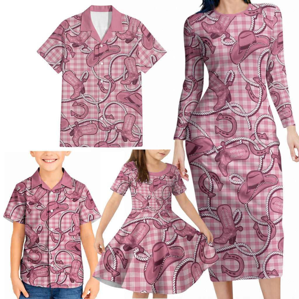 Pink Hawaii Palaka Cowboy Family Matching Long Sleeve Bodycon Dress and Hawaiian Shirt Hawaiian Paniolo Festival Spirit LT19 - Polynesian Pride