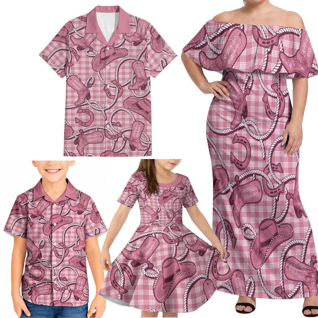 Pink Hawaii Palaka Cowboy Family Matching Off Shoulder Maxi Dress and Hawaiian Shirt Hawaiian Paniolo Festival Spirit LT19 - Polynesian Pride