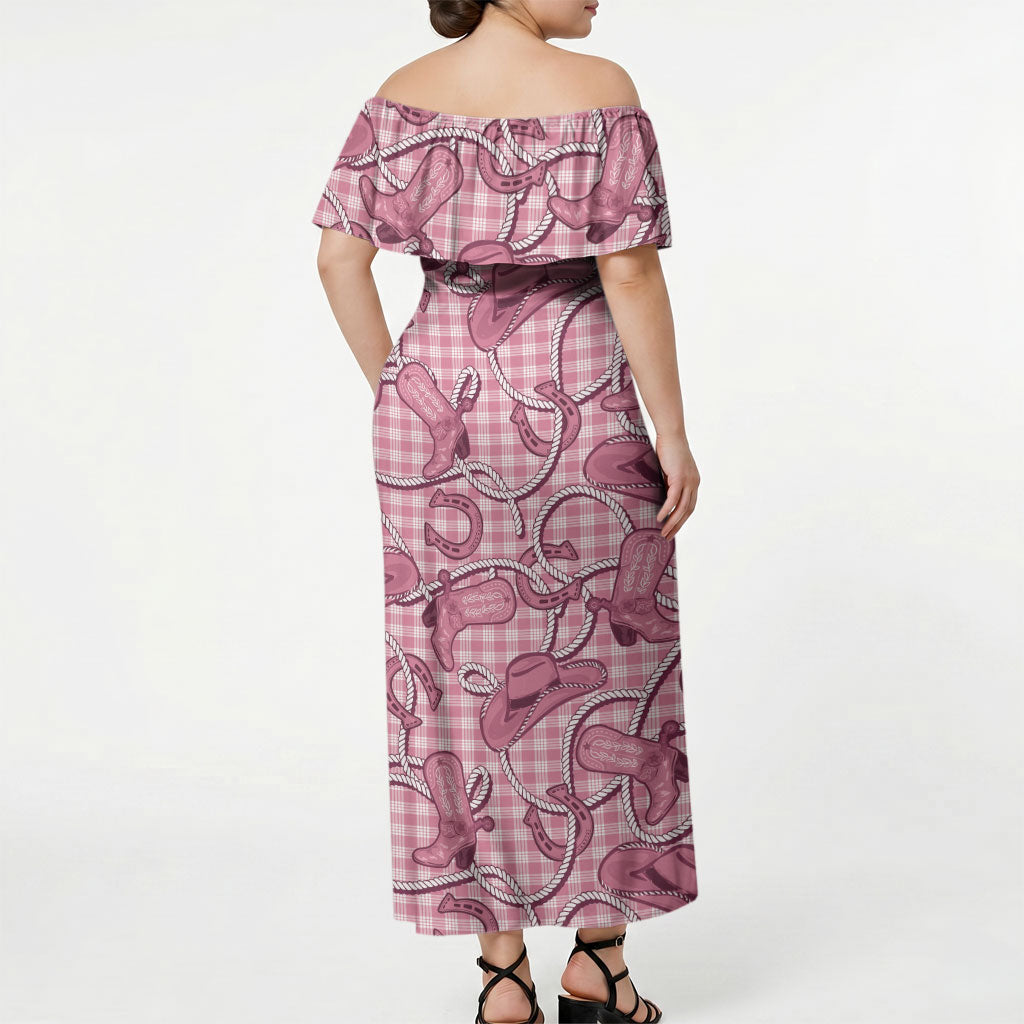 Pink Hawaii Palaka Cowboy Off Shoulder Maxi Dress Hawaiian Paniolo Festival Spirit LT19 - Polynesian Pride