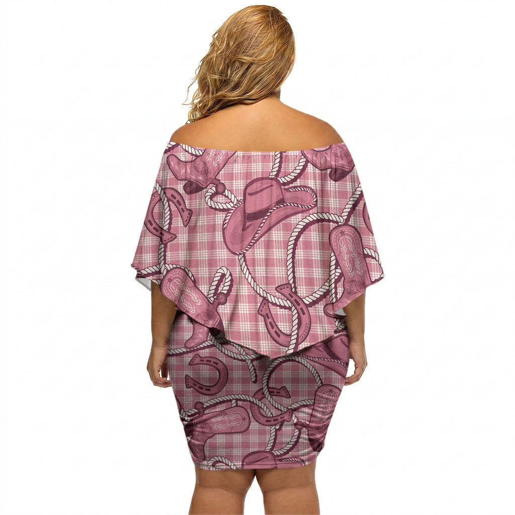 Pink Hawaii Palaka Cowboy Off Shoulder Short Dress Hawaiian Paniolo Festival Spirit LT19 - Polynesian Pride