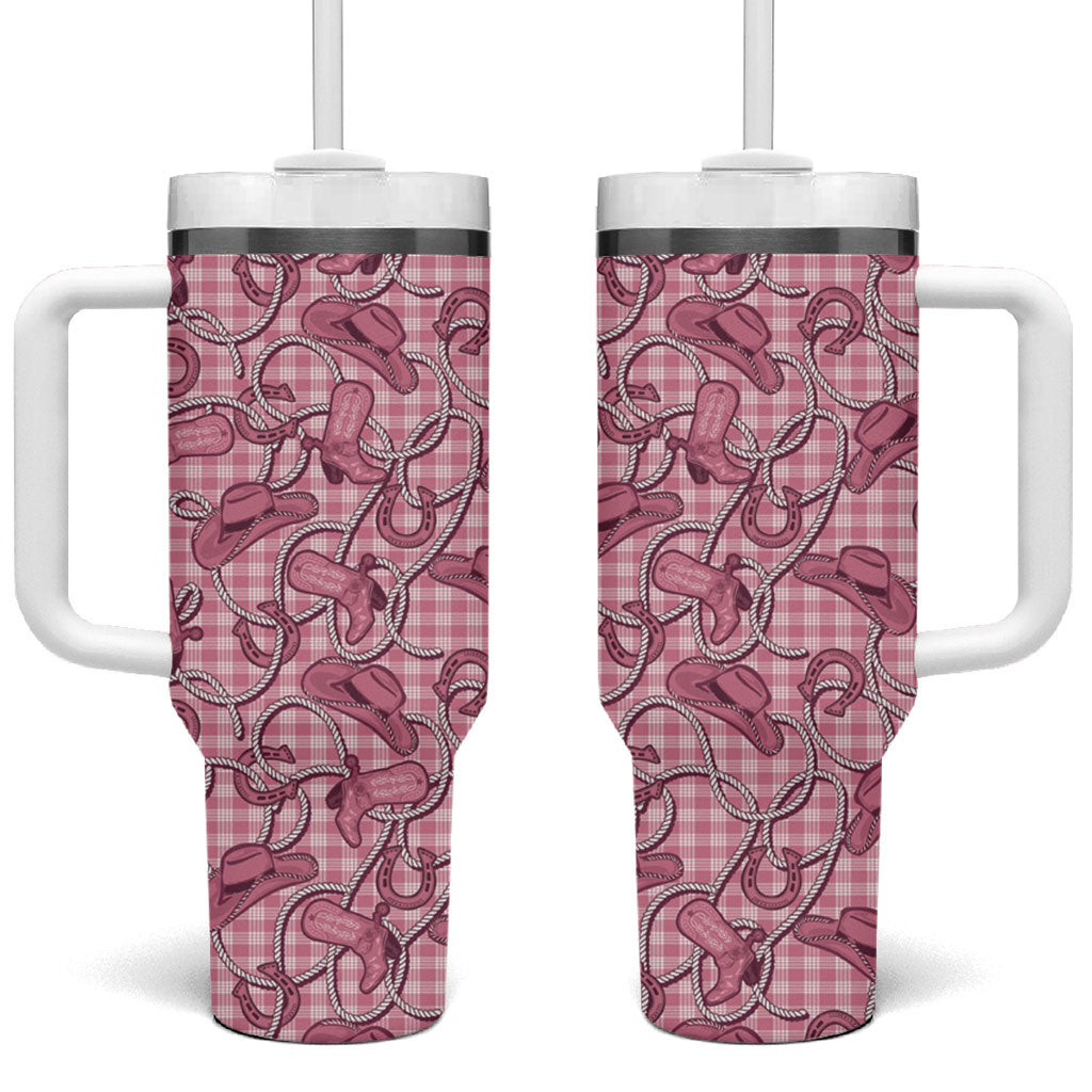 Pink Hawaii Palaka Cowboy Tumbler With Handle Hawaiian Paniolo Festival Spirit
