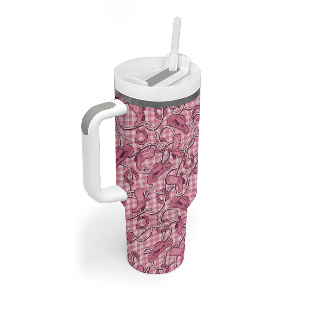 Pink Hawaii Palaka Cowboy Tumbler With Handle Hawaiian Paniolo Festival Spirit LT19 - Polynesian Pride