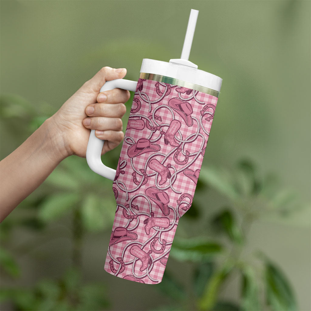 Pink Hawaii Palaka Cowboy Tumbler With Handle Hawaiian Paniolo Festival Spirit LT19 - Polynesian Pride