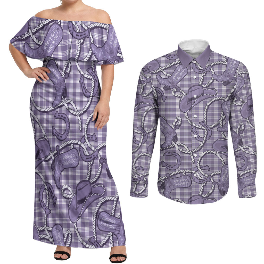Purple Hawaii Palaka Cowboy Couples Matching Off Shoulder Maxi Dress and Long Sleeve Button Shirt Hawaiian Paniolo Festival Spirit LT19 Purple - Polynesian Pride