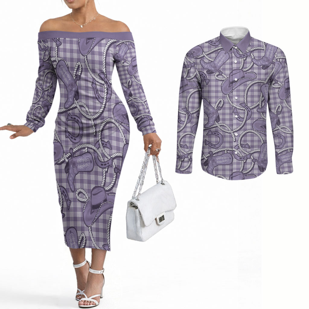 Purple Hawaii Palaka Cowboy Couples Matching Off The Shoulder Long Sleeve Dress and Long Sleeve Button Shirt Hawaiian Paniolo Festival Spirit LT19 Purple - Polynesian Pride