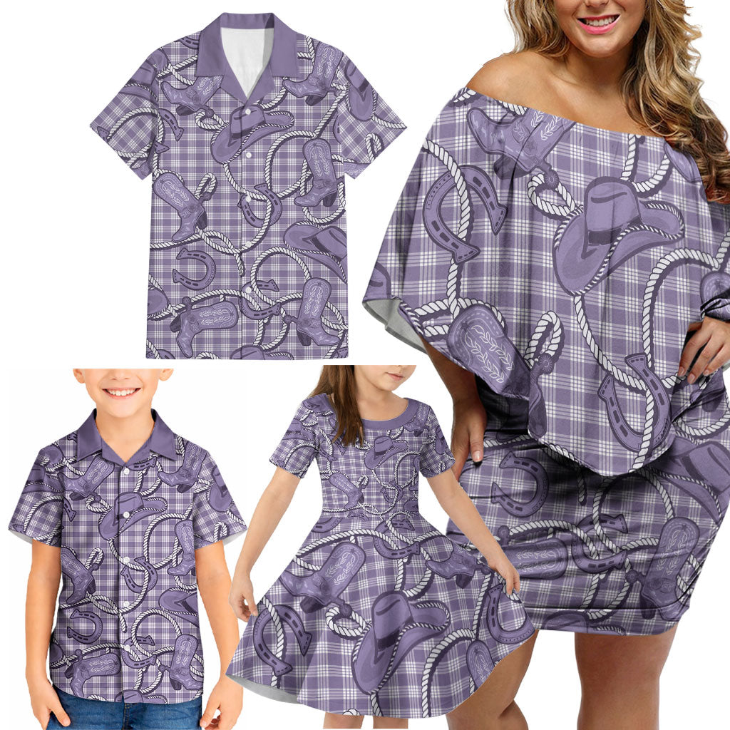 Purple Hawaii Palaka Cowboy Family Matching Off Shoulder Short Dress and Hawaiian Shirt Hawaiian Paniolo Festival Spirit LT19 - Polynesian Pride