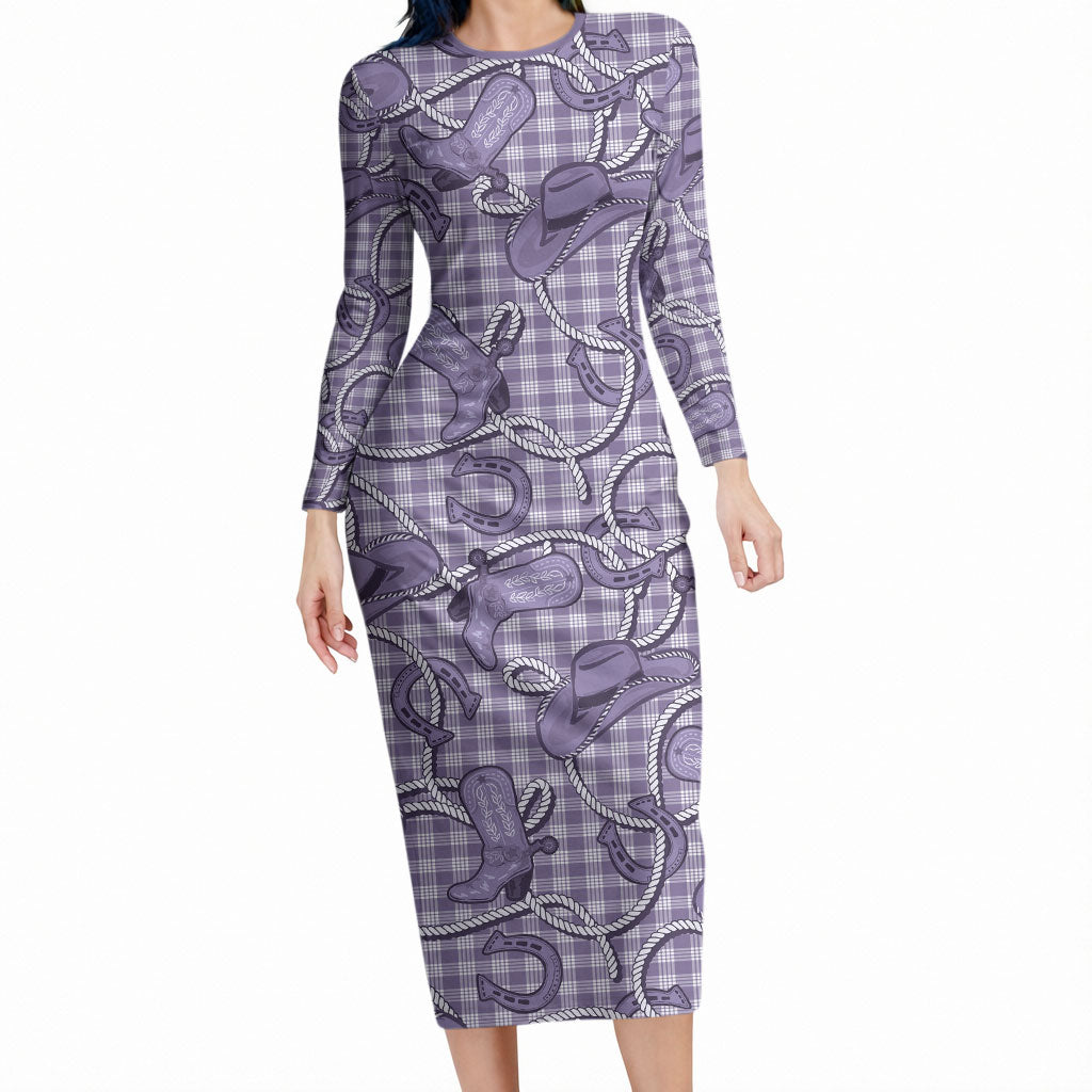 Purple Hawaii Palaka Cowboy Long Sleeve Bodycon Dress Hawaiian Paniolo Festival Spirit