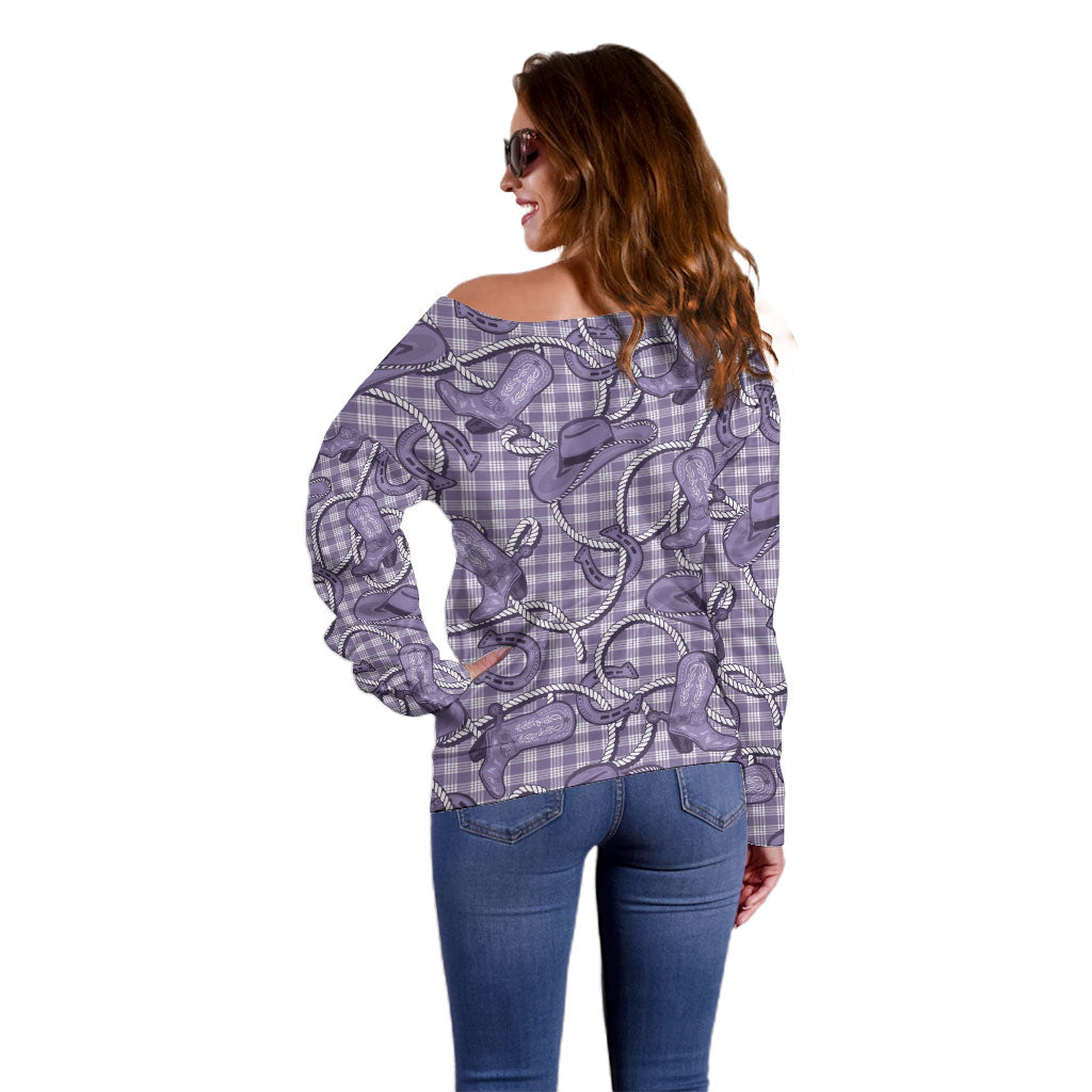 Purple Hawaii Palaka Cowboy Off Shoulder Sweater Hawaiian Paniolo Festival Spirit LT19 - Polynesian Pride