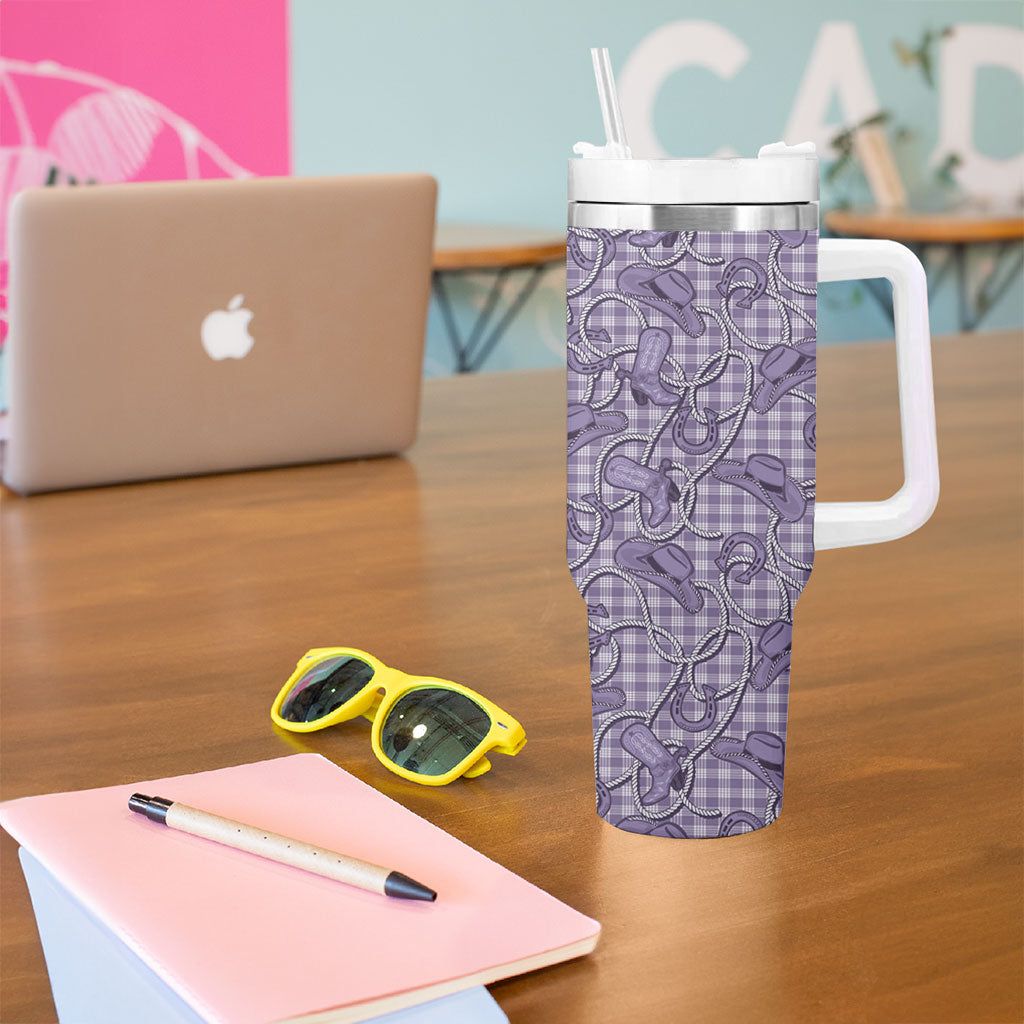 Purple Hawaii Palaka Cowboy Tumbler With Handle Hawaiian Paniolo Festival Spirit LT19 - Polynesian Pride