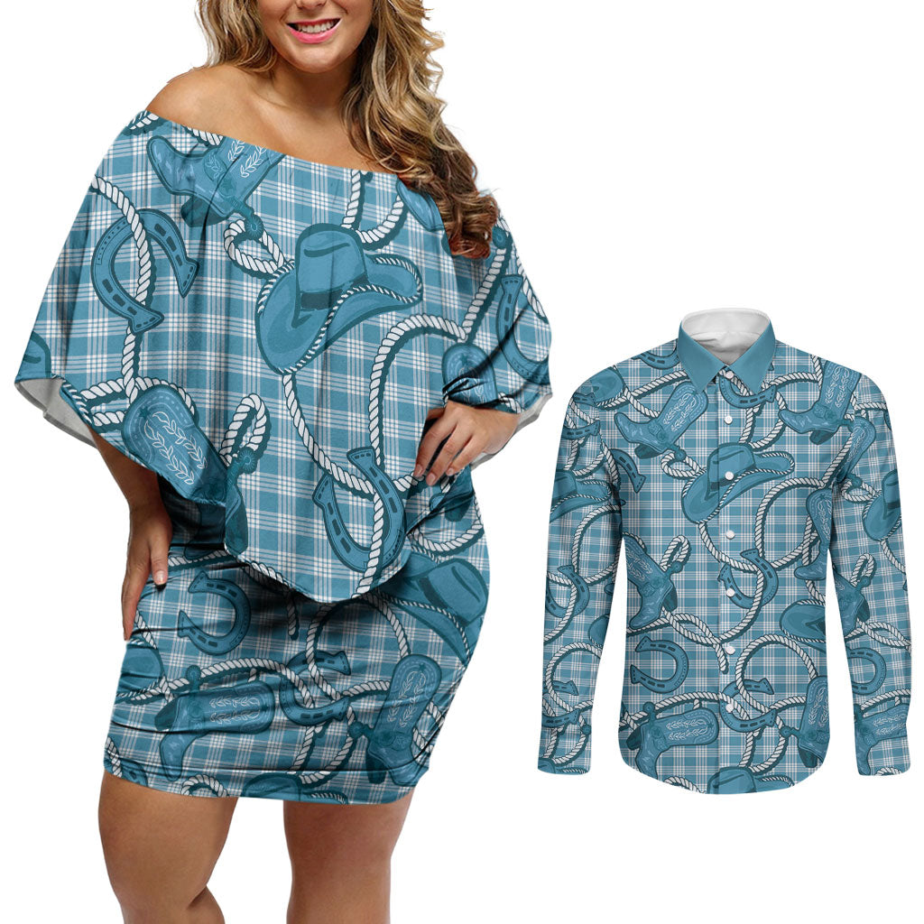 Blue Hawaii Palaka Cowboy Couples Matching Off Shoulder Short Dress and Long Sleeve Button Shirt Hawaiian Paniolo Festival Spirit