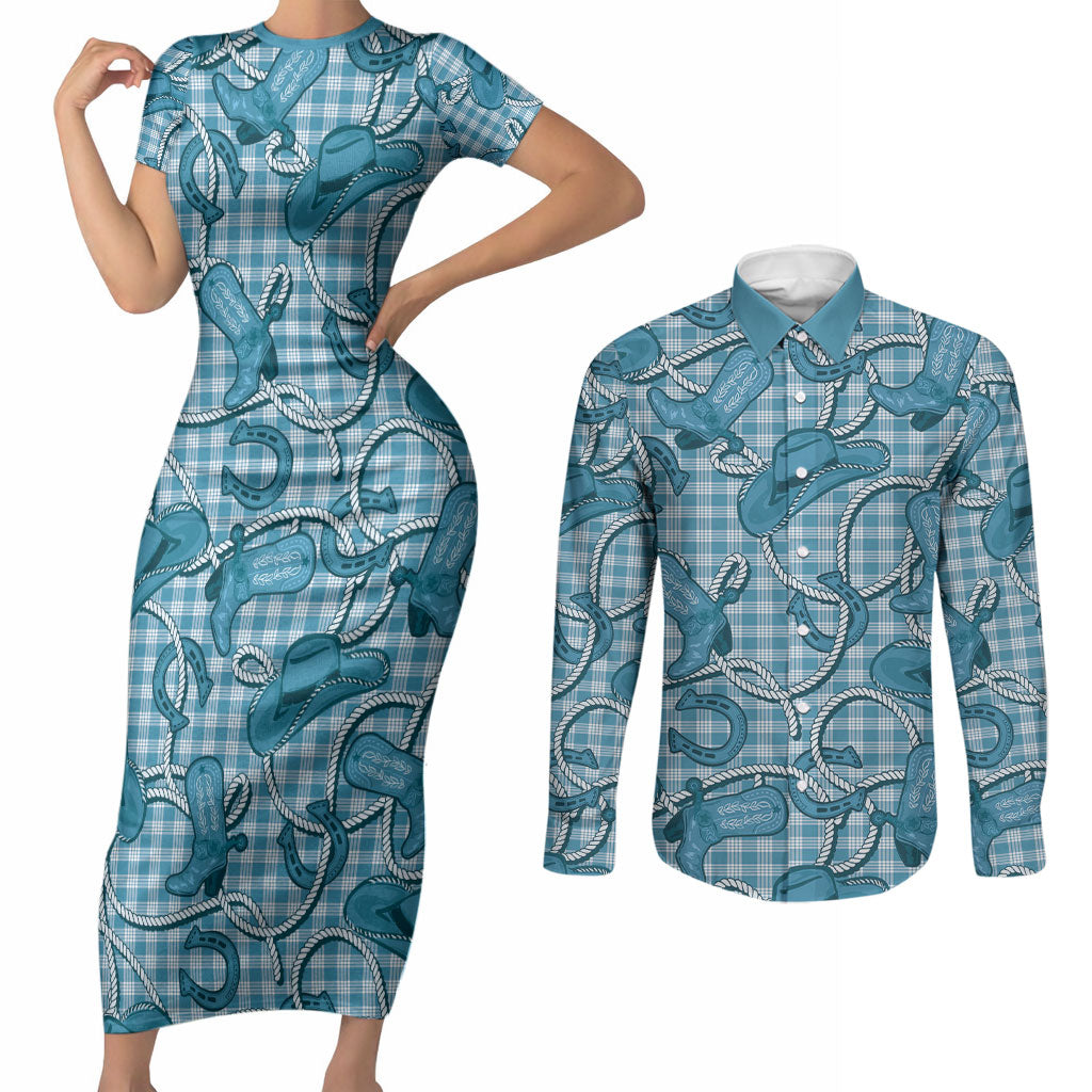 Blue Hawaii Palaka Cowboy Couples Matching Short Sleeve Bodycon Dress and Long Sleeve Button Shirt Hawaiian Paniolo Festival Spirit