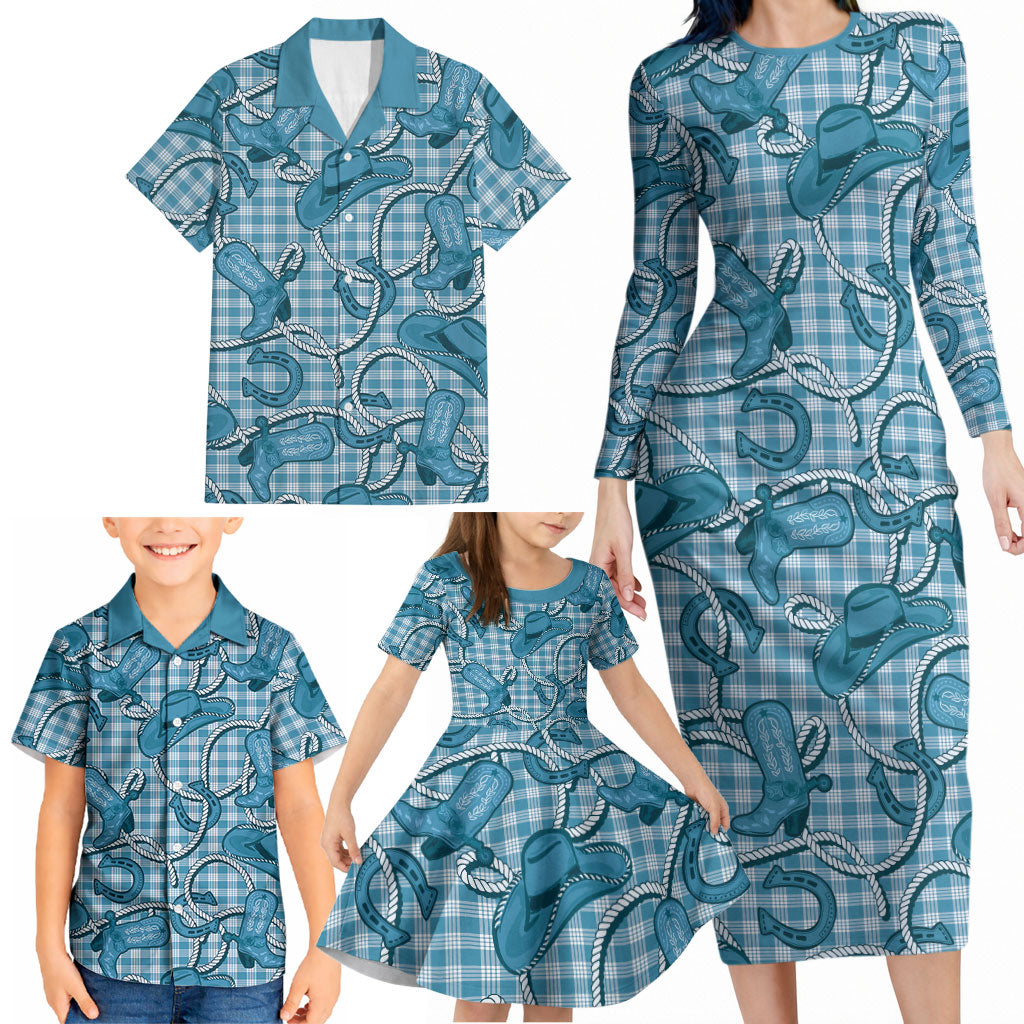 Blue Hawaii Palaka Cowboy Family Matching Long Sleeve Bodycon Dress and Hawaiian Shirt Hawaiian Paniolo Festival Spirit LT19 - Polynesian Pride