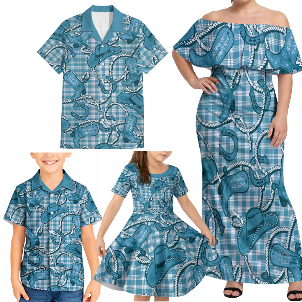 Blue Hawaii Palaka Cowboy Family Matching Off Shoulder Maxi Dress and Hawaiian Shirt Hawaiian Paniolo Festival Spirit LT19 - Polynesian Pride