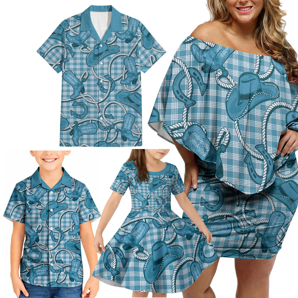 Blue Hawaii Palaka Cowboy Family Matching Off Shoulder Short Dress and Hawaiian Shirt Hawaiian Paniolo Festival Spirit LT19 - Polynesian Pride