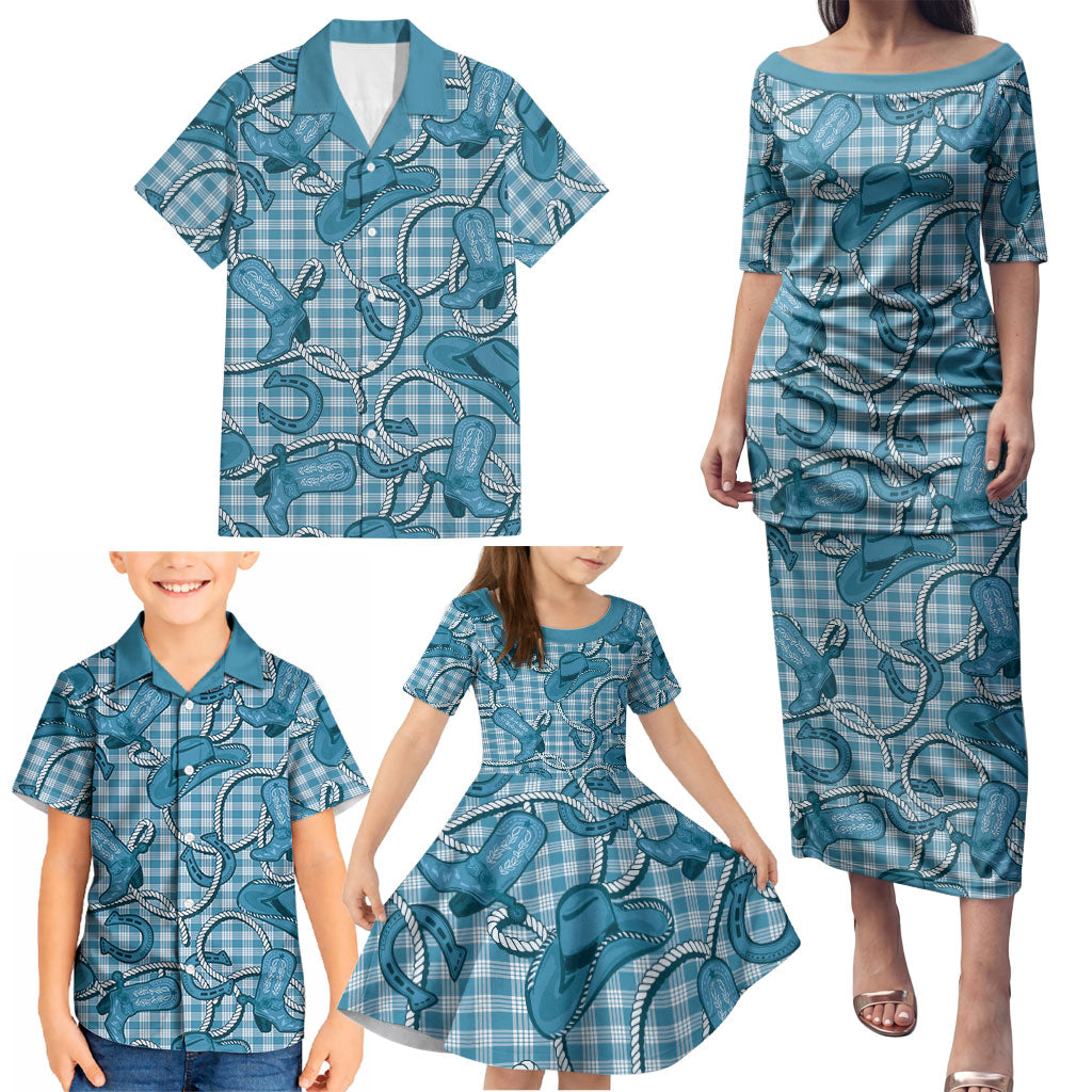 Blue Hawaii Palaka Cowboy Family Matching Puletasi and Hawaiian Shirt Hawaiian Paniolo Festival Spirit