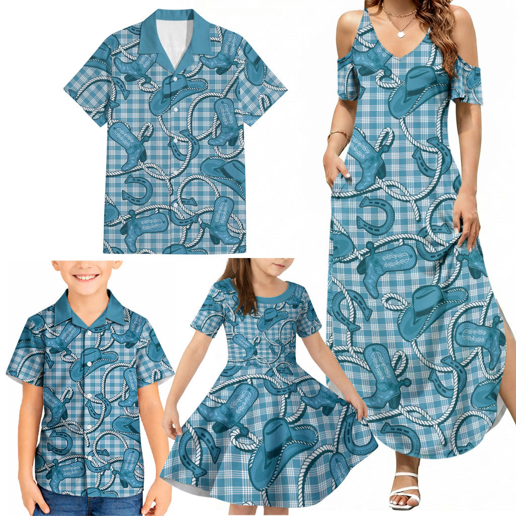 Blue Hawaii Palaka Cowboy Family Matching Summer Maxi Dress and Hawaiian Shirt Hawaiian Paniolo Festival Spirit LT19 - Polynesian Pride