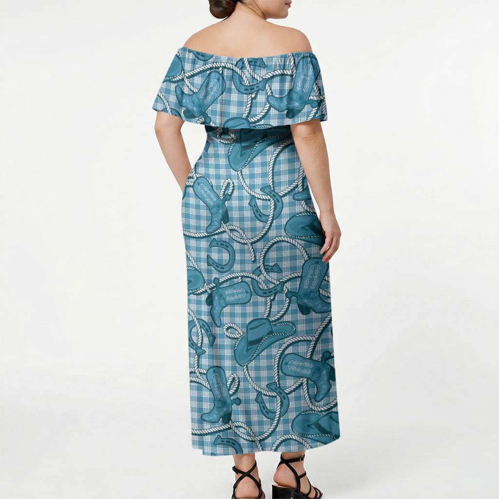 Blue Hawaii Palaka Cowboy Off Shoulder Maxi Dress Hawaiian Paniolo Festival Spirit LT19 - Polynesian Pride