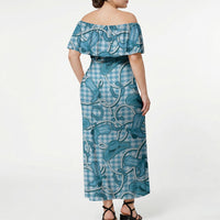 Blue Hawaii Palaka Cowboy Off Shoulder Maxi Dress Hawaiian Paniolo Festival Spirit LT19 - Polynesian Pride