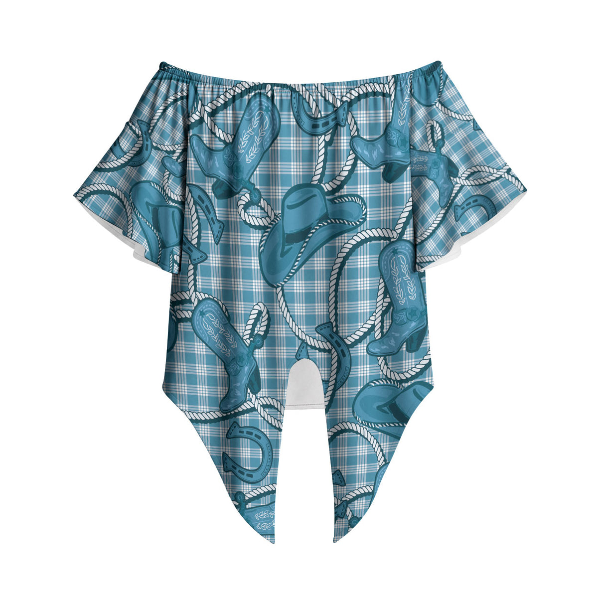 Blue Hawaii Palaka Cowboy Off Shoulder Wrap Waist Top Hawaiian Paniolo Festival Spirit LT19 - Polynesian Pride