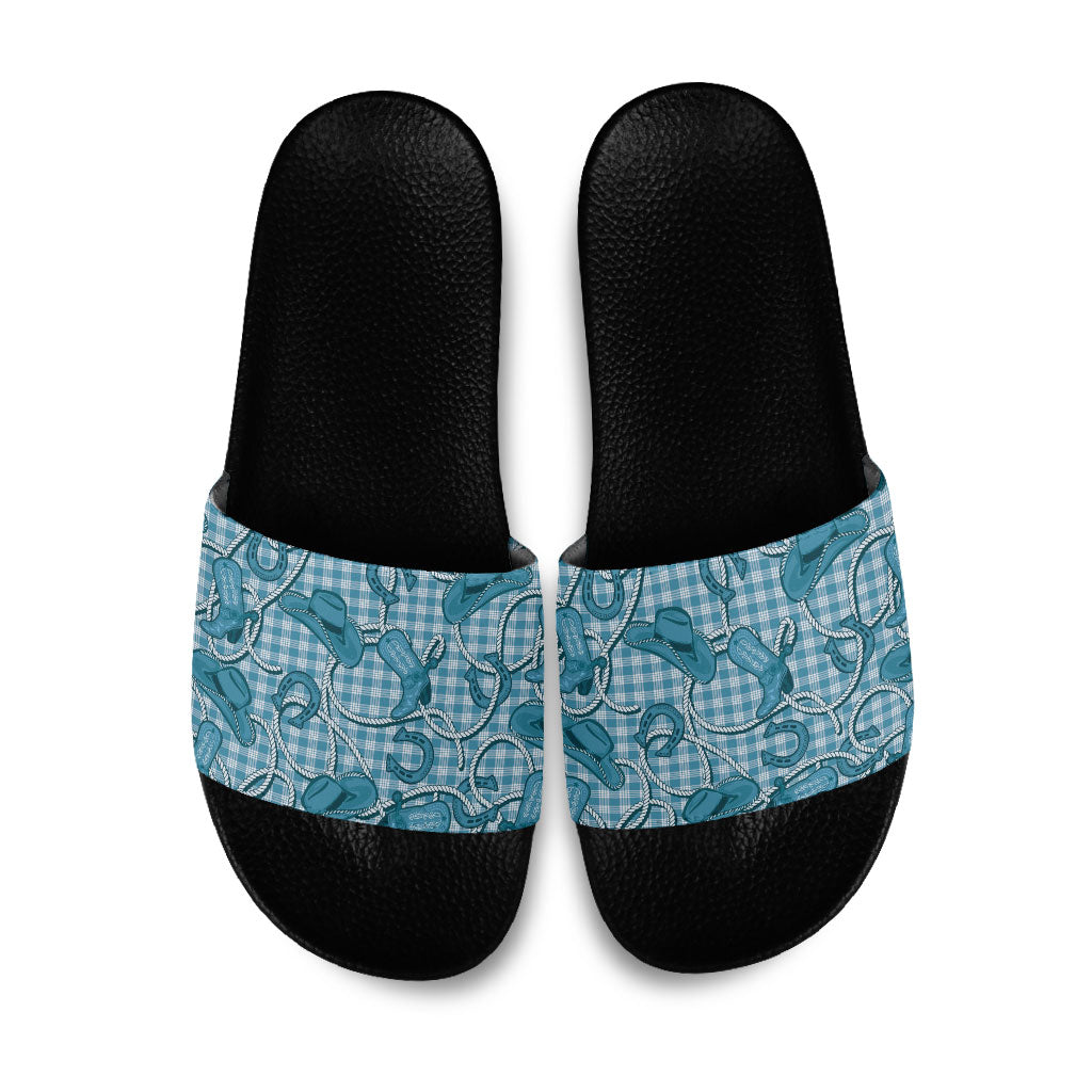 Blue Hawaii Palaka Cowboy Slide Sandals Hawaiian Paniolo Festival Spirit LT19 Blue - Polynesian Pride