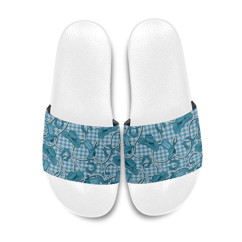 Blue Hawaii Palaka Cowboy Slide Sandals Hawaiian Paniolo Festival Spirit LT19 Blue - Polynesian Pride