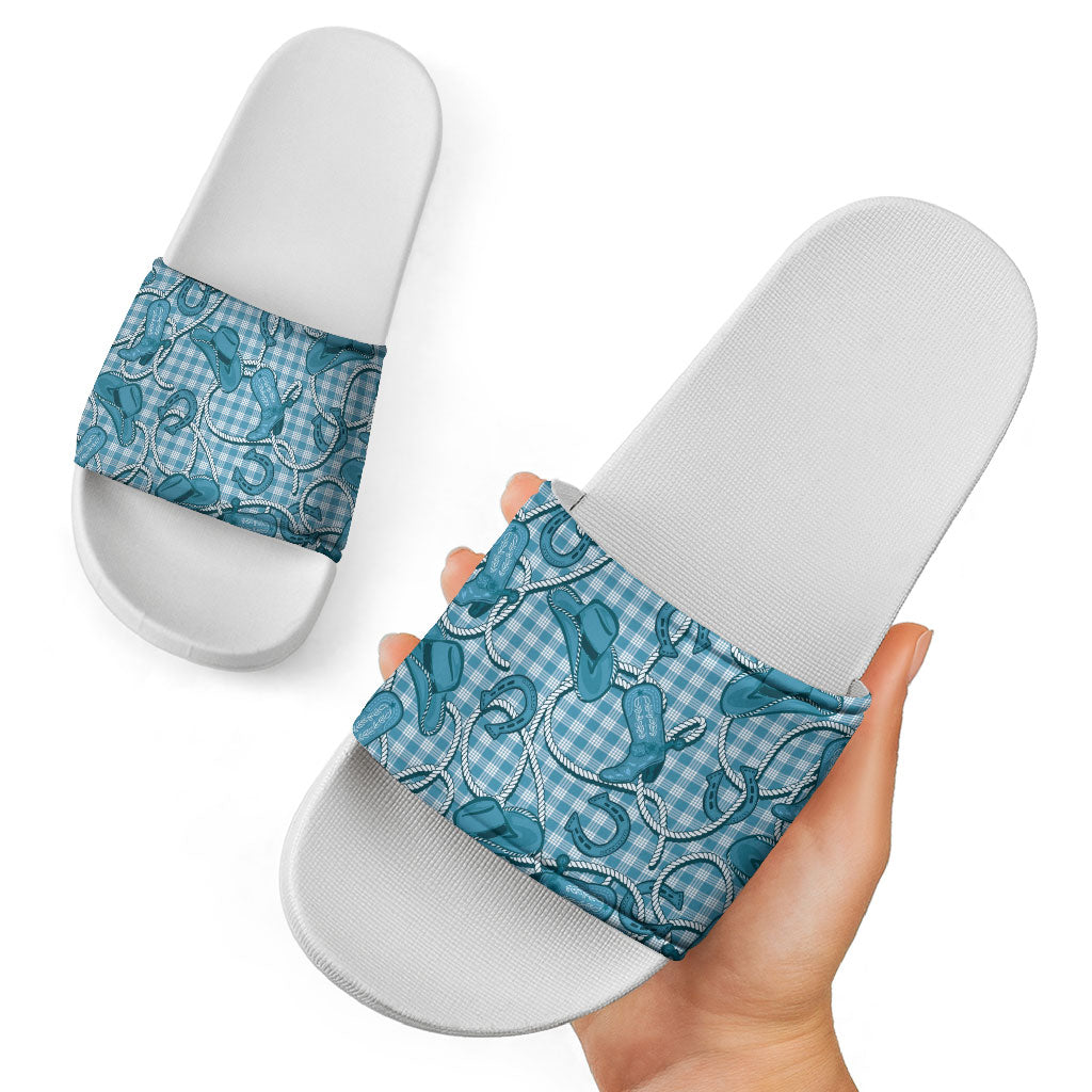 Blue Hawaii Palaka Cowboy Slide Sandals Hawaiian Paniolo Festival Spirit LT19 - Polynesian Pride