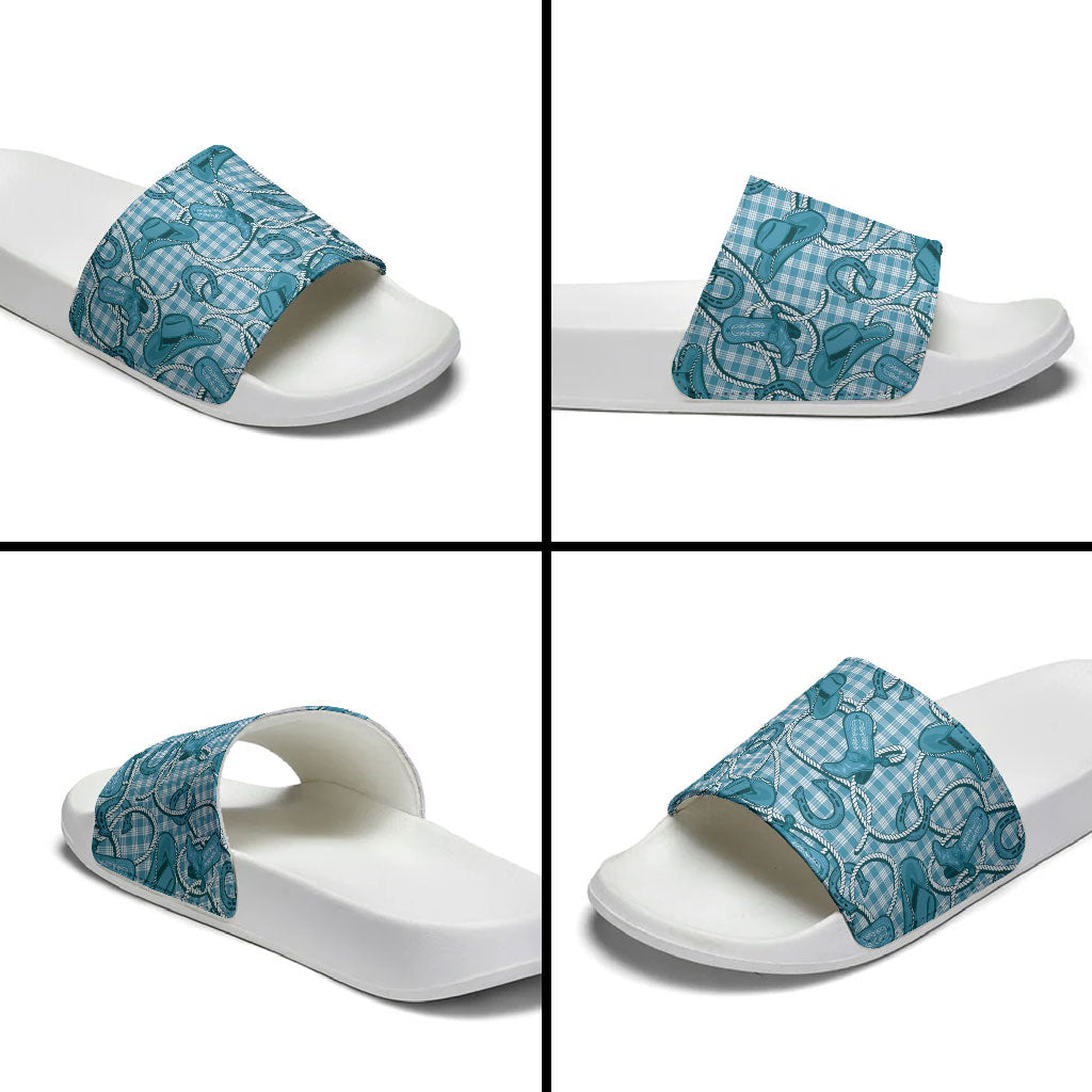 Blue Hawaii Palaka Cowboy Slide Sandals Hawaiian Paniolo Festival Spirit LT19 - Polynesian Pride