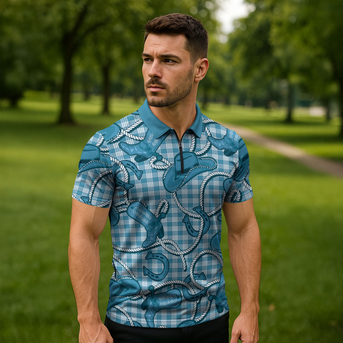 Blue Hawaii Palaka Cowboy Zipper Polo Shirt Hawaiian Paniolo Festival Spirit LT19 - Polynesian Pride