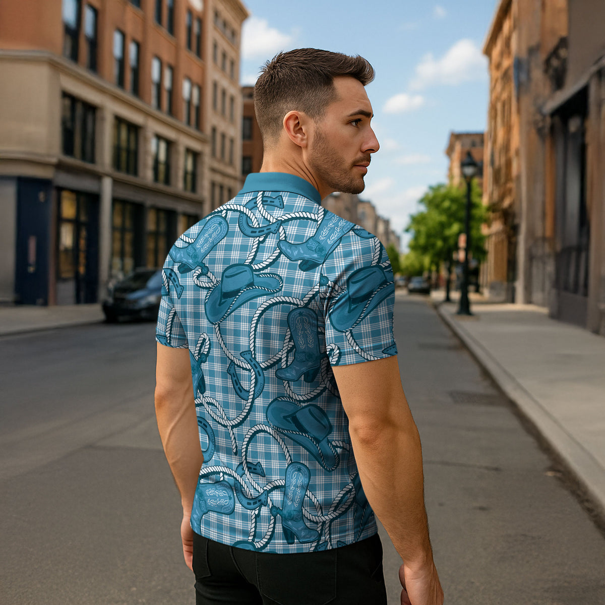 Blue Hawaii Palaka Cowboy Zipper Polo Shirt Hawaiian Paniolo Festival Spirit LT19 - Polynesian Pride