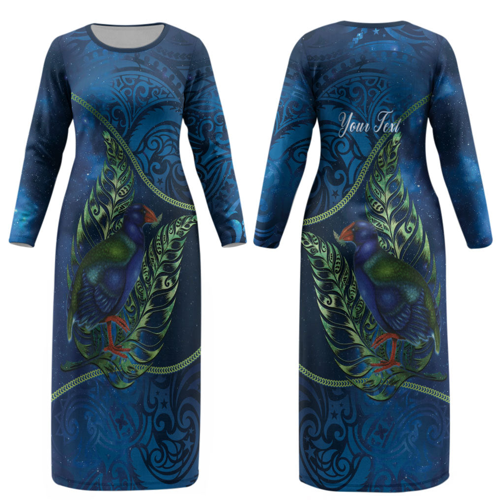 New Zealand Takahe Personalised Couples Matching Long Sleeve Bodycon Dress and Hawaiian Shirt Silver Fern Galaxy Polynesian Pattern LT22 - Polynesian Pride