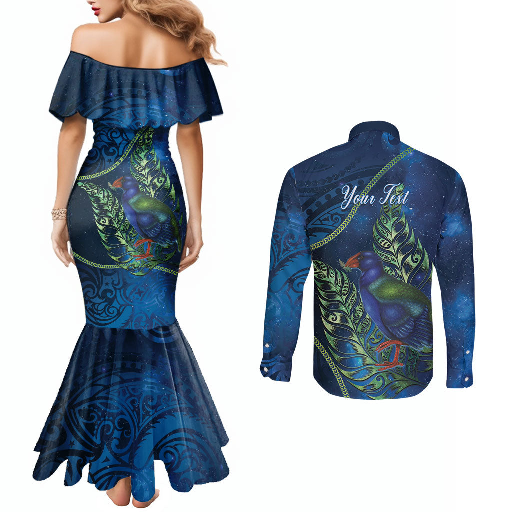 New Zealand Takahe Personalised Couples Matching Mermaid Dress and Long Sleeve Button Shirt Silver Fern Galaxy Polynesian Pattern