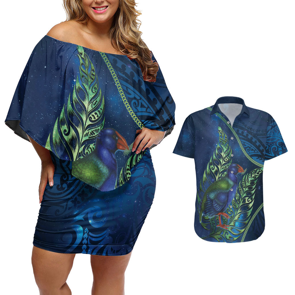 New Zealand Takahe Personalised Couples Matching Off Shoulder Short Dress and Hawaiian Shirt Silver Fern Galaxy Polynesian Pattern