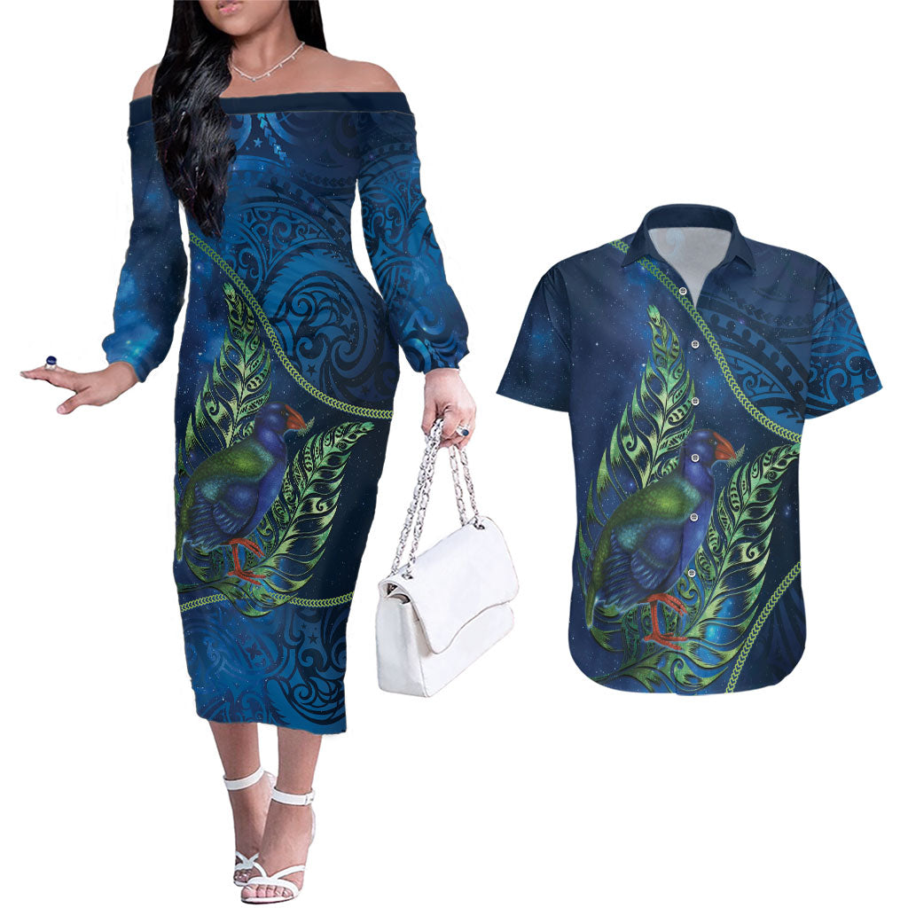 New Zealand Takahe Personalised Couples Matching Off The Shoulder Long Sleeve Dress and Hawaiian Shirt Silver Fern Galaxy Polynesian Pattern LT22 Blue - Polynesian Pride