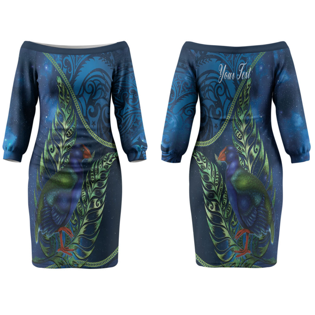 New Zealand Takahe Personalised Couples Matching Off The Shoulder Long Sleeve Dress and Long Sleeve Button Shirt Silver Fern Galaxy Polynesian Pattern LT22 - Polynesian Pride