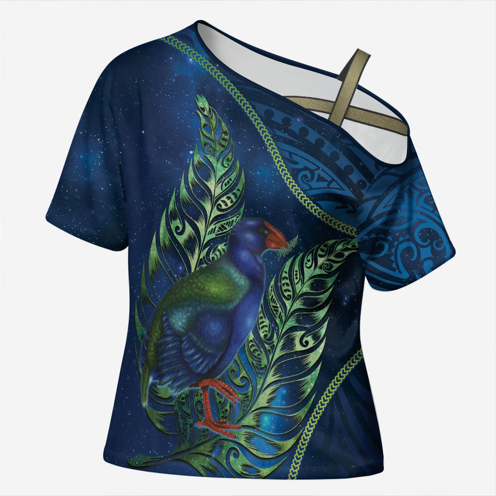 New Zealand Takahe Personalised Cross Shoulder Shirt Silver Fern Galaxy Polynesian Pattern LT22 Female Blue - Polynesian Pride