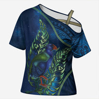 New Zealand Takahe Personalised Cross Shoulder Shirt Silver Fern Galaxy Polynesian Pattern LT22 Female Blue - Polynesian Pride