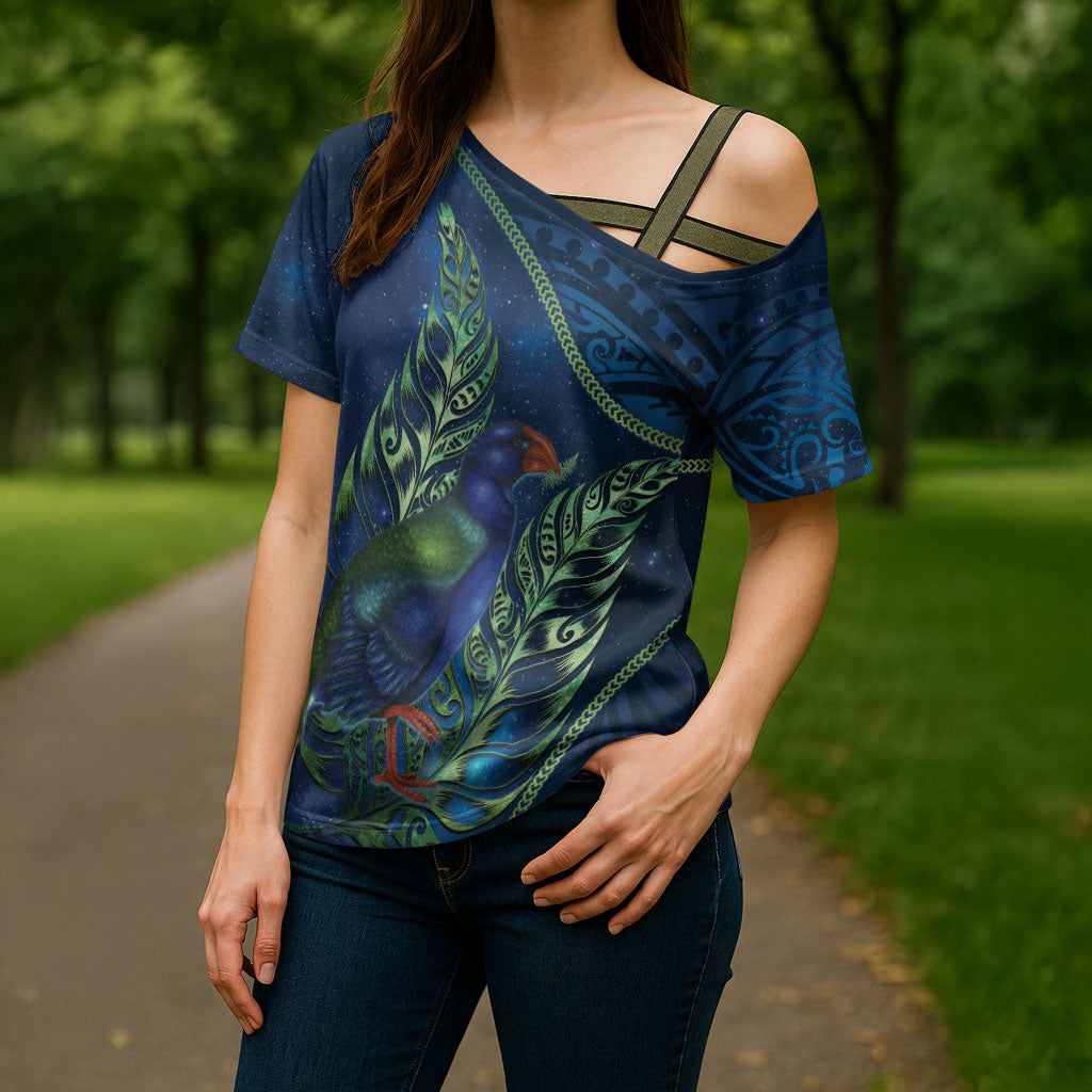New Zealand Takahe Personalised Cross Shoulder Shirt Silver Fern Galaxy Polynesian Pattern LT22 - Polynesian Pride