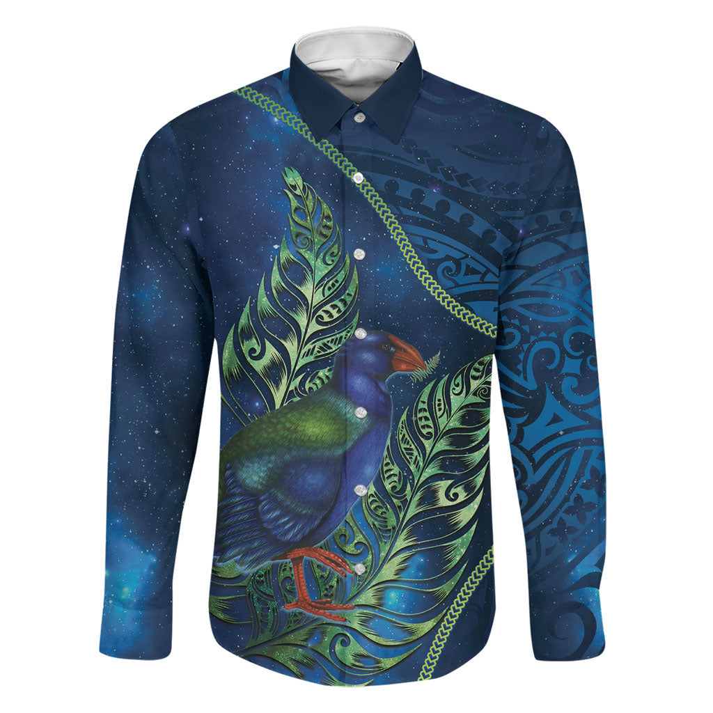 New Zealand Takahe Personalised Family Matching Mermaid Dress and Hawaiian Shirt Silver Fern Galaxy Polynesian Pattern LT22 Dad's Shirt - Long Sleeve Blue - Polynesian Pride