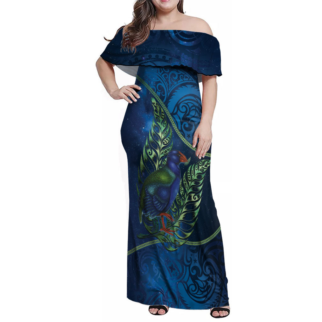New Zealand Takahe Personalised Family Matching Off Shoulder Maxi Dress and Hawaiian Shirt Silver Fern Galaxy Polynesian Pattern LT22 Mom's Dress Blue - Polynesian Pride
