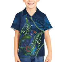 New Zealand Takahe Personalised Family Matching Off Shoulder Maxi Dress and Hawaiian Shirt Silver Fern Galaxy Polynesian Pattern LT22 Son's Shirt Blue - Polynesian Pride