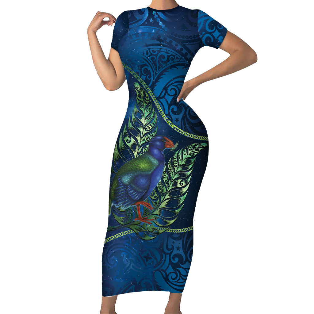 New Zealand Takahe Personalised Family Matching Short Sleeve Bodycon Dress and Hawaiian Shirt Silver Fern Galaxy Polynesian Pattern LT22 Mom's Dress Blue - Polynesian Pride